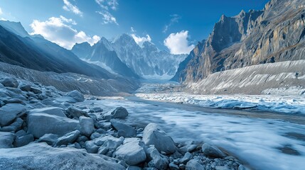 Nepalese glacier in spring, melting snow between high snowy mountains. - obrazy, fototapety, plakaty
