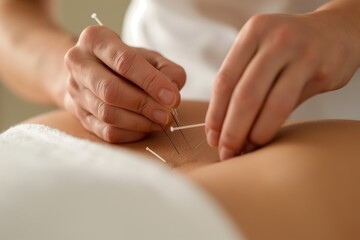 Detail of how a doctor applies acupuncture needles to a patient's body.