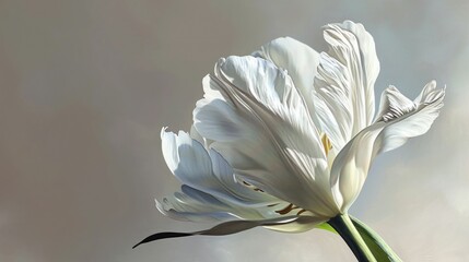  a close up of a white flower on a gray and white background with a green stem in the foreground and a gray and white background in the foreground.
