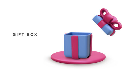 3d Realistic blue open gift box isolated on white background. Vector illustration.