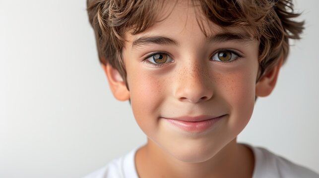 A close-up image of a young boy smiling gently with a white background, capturing his sparkling eyes and freckles.