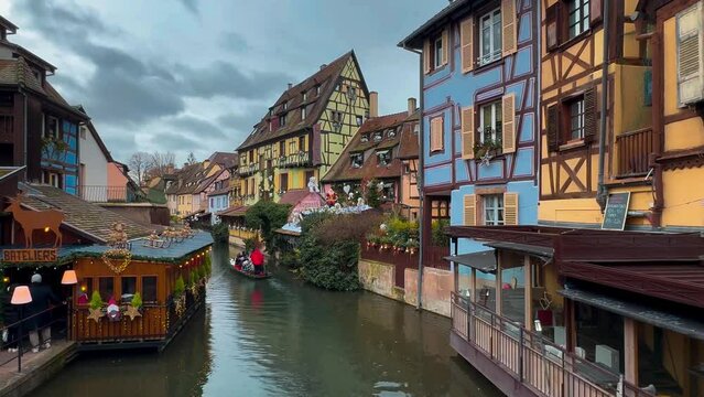 Christmas and New Year in historical center district Petite Venice, Colmar, Alsace, France December 25, 2023. High quality 4k footage