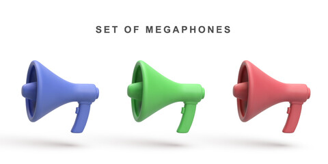 3d Set of megaphone speaker isolated on white background. Vector illustration.