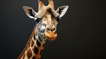  a close up of a giraffe's head and neck with a black back ground and a black back ground with a giraffe's head.