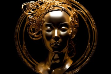 a female face in the shape of an abstract golden circle, surreal ceramics, light and shadow, white and gold, realistic representations of the human form
