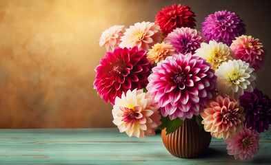Vibrant Multicolored Dahlias in Vase on Light Green Table. Colorful Pink, White, Yellow, Red, Bouquet of Flowers in Vase.