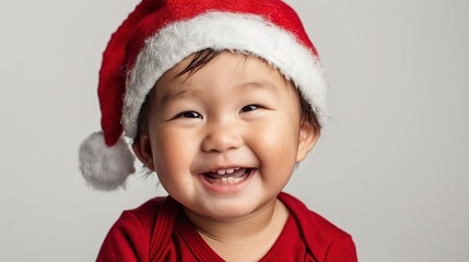 A happy toddler is wearing a red Santa Claus hat and a red shirt, smiling joyfully against a gray background. - obrazy, fototapety, plakaty