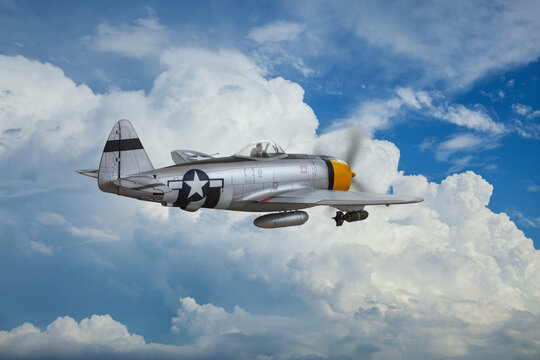 P-47 Thunderbolt fighter (model) patrols the skies above the clouds
