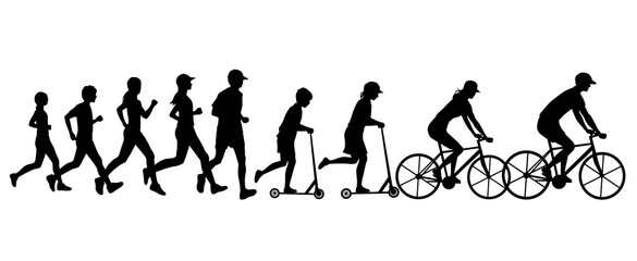 Silhouettes of people, man, women, teenagers, children riding bicycles, scooters, running, profile, vector, black color, isolated on white background