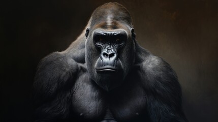  a close up of a gorilla's face with an intense look on it's face and in the background, a dark background is a wall with a black background.
