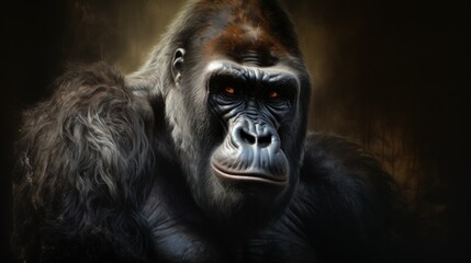 Obraz premium a close up of a gorilla's face with an intense look on it's face and in the background is a dark background with only a few leaves.