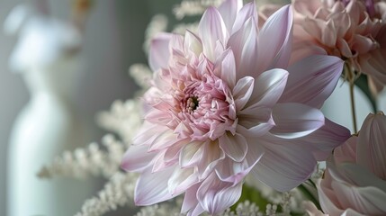  a bouquet of pink and white flowers sitting next to a white vase with a white bird on the side of the vase and a white vase with a pink flower in it.