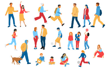 Fototapeta na wymiar Men, women, teenagers and children standing, walking, sitting, different colors, cartoon character, group silhouettes rest people, students, design concept of flat icon, isolated on white background