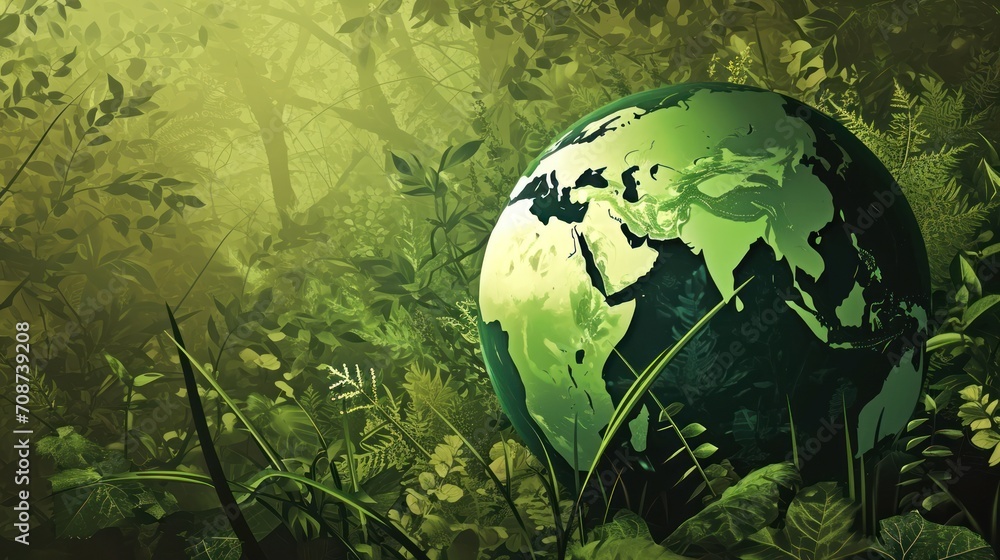 Wall mural a painting of a green globe in the middle of a forest filled with trees and grass, with the sun shin