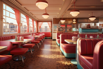  Retro Diner Interior with Pink and Teal Booths at Golden Hour