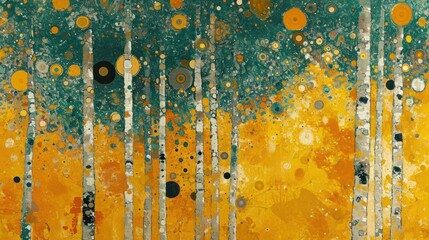  a painting of yellow, green, and black circles on a yellow background with white and black circles on the bottom of the painting and bottom half of the painting.