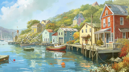 Fototapeta premium a painting of a harbor with boats in the water and houses on the other side of the water and trees on the other side of the water with boats in the water.