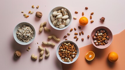  three bowls filled with nuts and oranges on top of a pink and orange colored surface next to two orange halves and two oranges on the side of the bowl.