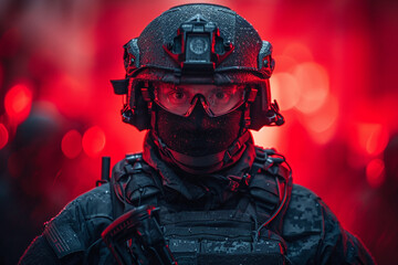 A police SWAT team member equipped with tactical gear, positioned strategically during a high-stakes operation.