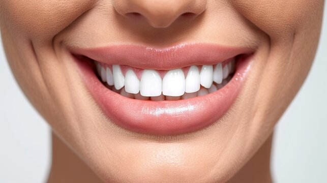 This is a close-up image of a person's smiling mouth, showcasing white teeth and healthy pink gums.