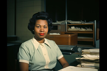Vintage Portrait of a Professional Woman at Her Desk - obrazy, fototapety, plakaty