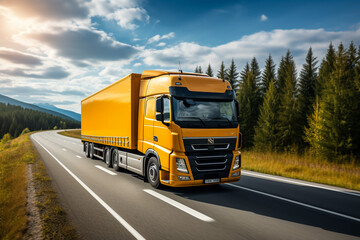 Truck driving on the asphalt road in rural landscape at sunset with dark clouds