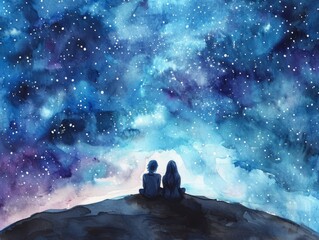 Fototapeta na wymiar watercolor scene of a couple sitting on a hill, looking up at a starry night sky, valentine's day, generative AI