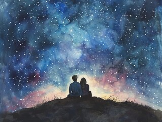 watercolor scene of a couple sitting on a hill, looking up at a starry night sky, valentine's day, generative AI