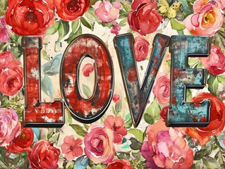 watercolor scene resembling a retro poster with 'Love' in stylish, valentine's day, generative AI