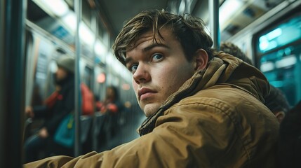 A young man in a winter jacket is sitting inside a subway car, looking over his shoulder with a thoughtful expression. - obrazy, fototapety, plakaty