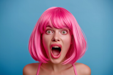 Portrait of a beautiful excited young woman with pink hair on a pink background. Suprised woman with a pink hair. Shocked girl portrait. Believing in Shock. Amazed Young Woman with Pink Hair Staring 