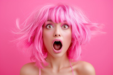 Portrait of a beautiful excited young woman with pink hair on a pink background. Suprised woman with a pink hair. Shocked girl portrait. Believing in Shock. Amazed Young Woman with Pink Hair Staring  - obrazy, fototapety, plakaty