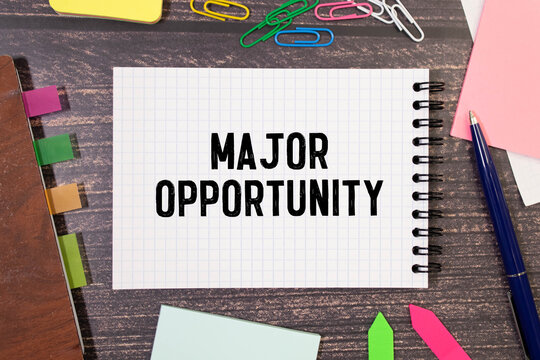 Closeup on businessman holding a card with text MAJOR OPPORTUNITY