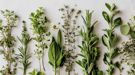  a group of different types of herbs on a white surface with green leaves and white flowers on each side of the stems, and white flowers on the side of each side of the wall. - obrazy, fototapety, plakaty