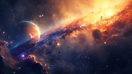 A vivid and imaginative depiction of space, featuring a planet, asteroid belt, and celestial phenomena.