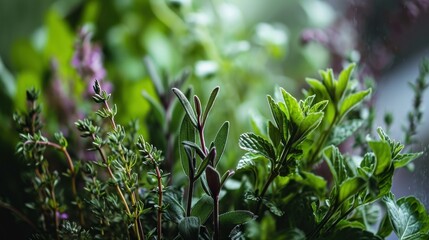 Obraz premium a close up of a plant with green leaves and purple flowers in the foreground and a blurry background of green leaves and purple flowers in the foreground.