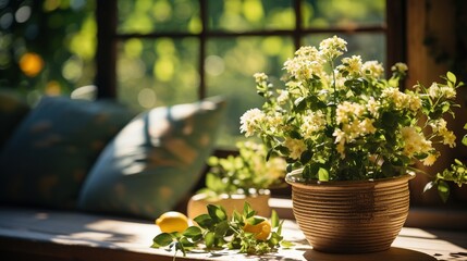 Obraz na płótnie Canvas White flowers in a clay pot by the window