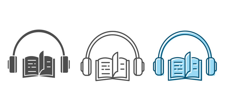 Audiobook icon set. Book and headphones outline vector icon. Vector illustration on a white background