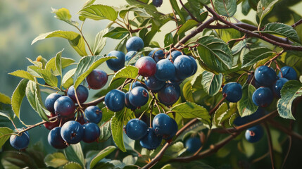  a close up of a bunch of blueberries on a tree branch with green leaves and a blurry background of trees in the back ground and a blurry sky.