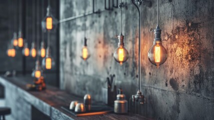  a group of light bulbs hanging from a wall next to a shelf with a bunch of other light bulbs hanging off of it's side of a concrete wall. - obrazy, fototapety, plakaty