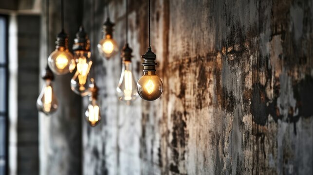  a group of light bulbs hanging from the ceiling of a dark room with peeling paint on the walls and peeling paint on the walls and peeling paint on the walls.