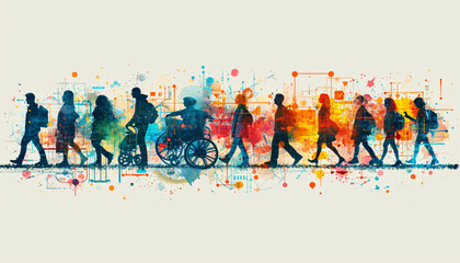 Diversity, multiculturalism, unity and equality concept illustration. Silhouettes of people walking on a colorful background - obrazy, fototapety, plakaty