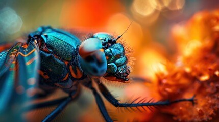  a close up of a blue fly sitting on top of a piece of orange and yellow flowers in front of a blurry background of orange and blue and yellow lights.