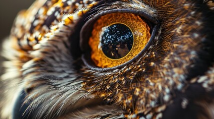  a close up of an owl's eye with a brown and white pattern on it's body and a yellow and black stripe around the eyeshadow.