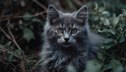 Cute kitten sitting in grass, looking at camera with blue eyes generated by AI