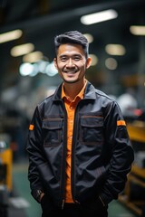 Obraz premium Portrait of a happy Asian man in a factory