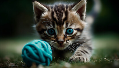 Cute kitten playing with toy, staring with curiosity, charming nature generated by AI