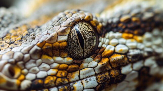  a close up of a lizard's eye with yellow and white stripes on it's body and a black and white stripe on the side of the eye.