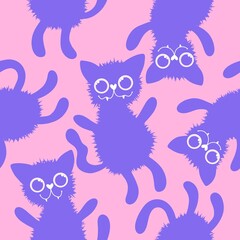 Fototapeta premium Halloween cats seamless cartoon animals pattern for wrapping paper and fabrics and linens and kids