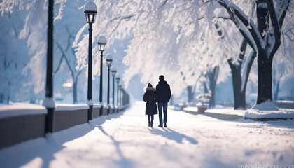 Two adults walking in the snow, holding hands generated by AI - obrazy, fototapety, plakaty